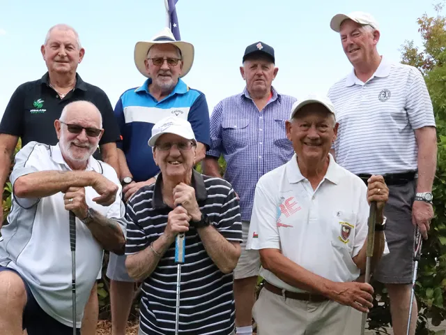 Group of Riverpoint Retirement Village male residents holding golf clubs